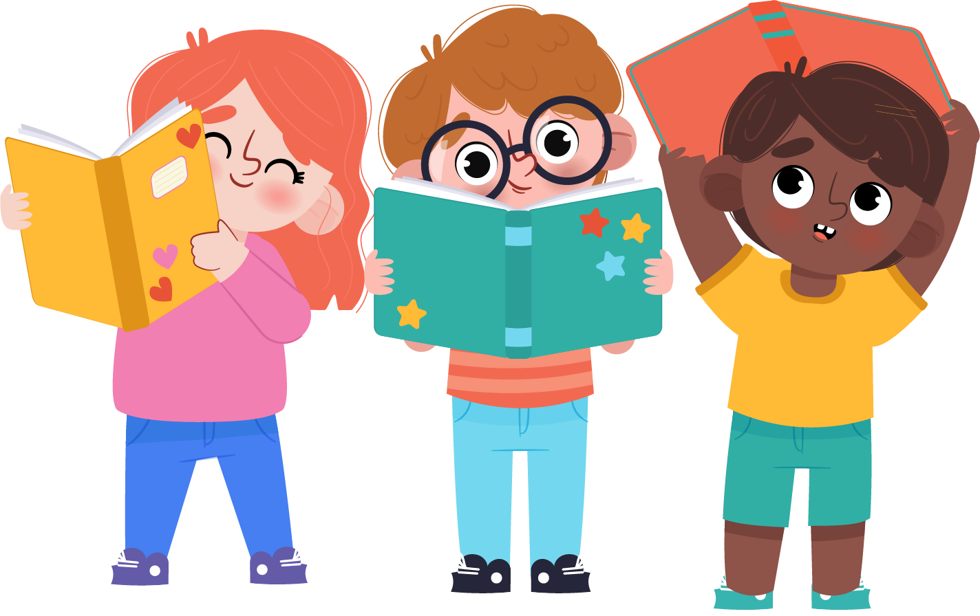 Happy children reading and learning