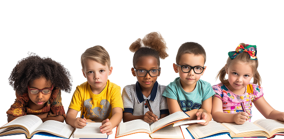 Happy children reading and learning